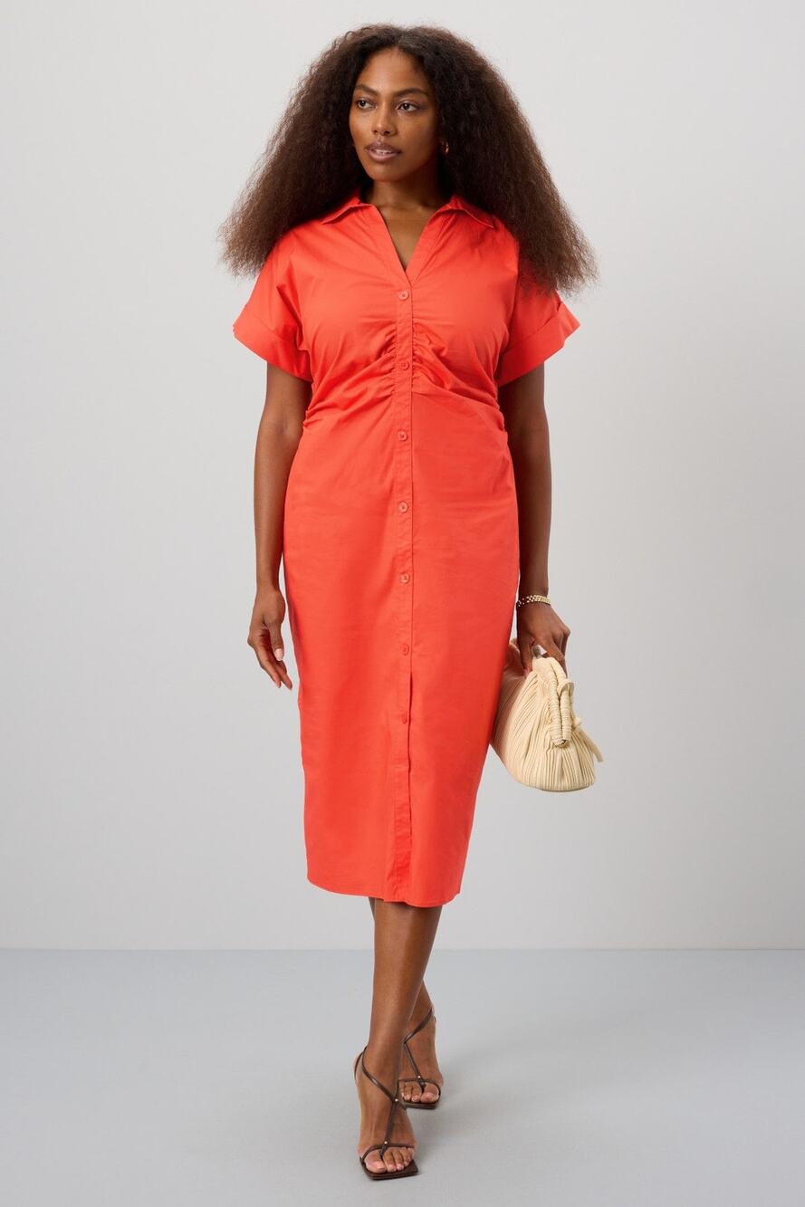 Saunders Collective Sz 6 Red Ruched Button Front Collared Midi SS Shirt Dress